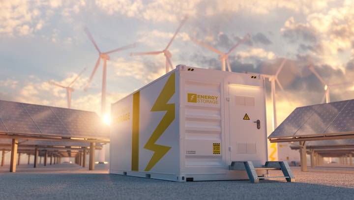 modern battery energy storage system with wind turbines and solar panel power plants in background at sunsetA Technical Deep-Dive into Fire Safety