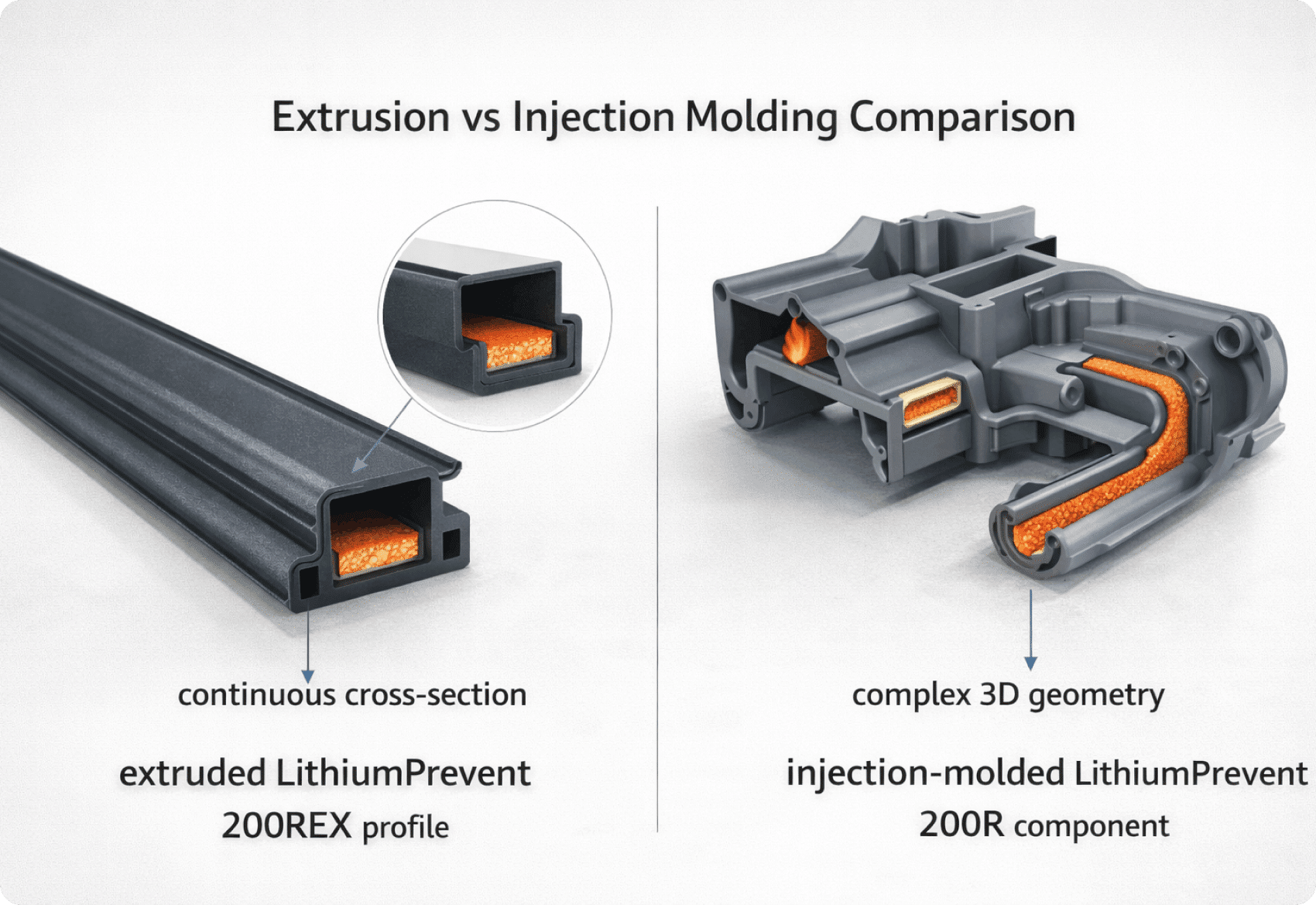 side by side illustration of extruded LithiumPrevent 200REX profile and injection molded LithiumPrevent 200R component showing process differences