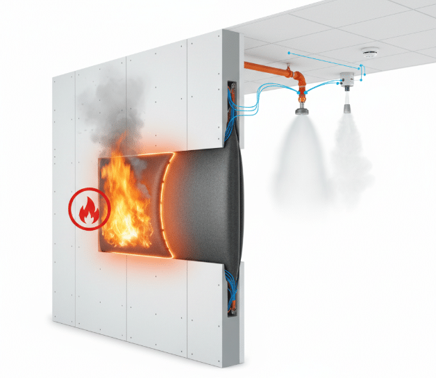 Illustration of a fire in a ventilation duct with ceiling-mounted nozzles discharging suppression mist into the duct.