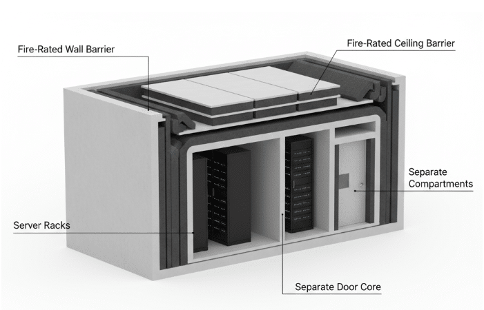 Cutaway diagram of a fire-rated data center enclosure showing wall and ceiling barriers, separate compartments, door core, and server racks.