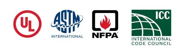 UL, ASTM International, NFPA, and ICC logos displayed side-by-side on a white background.