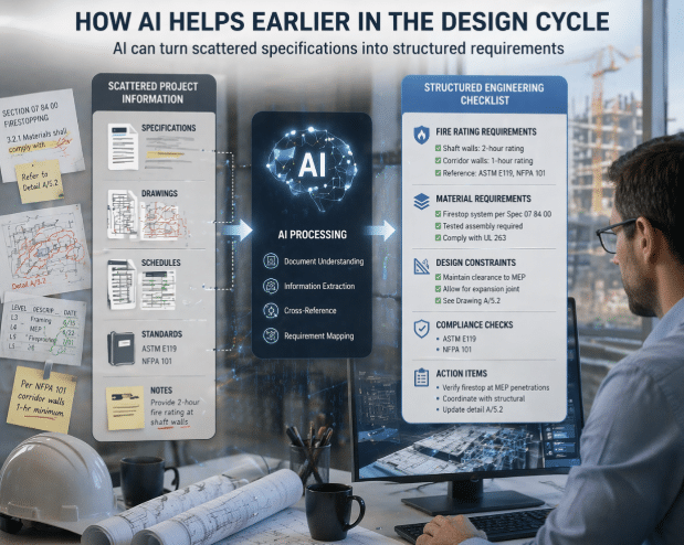 AI workflow turning firestopping project documents into a structured engineering checklist.