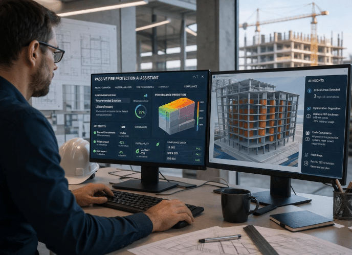 Passive fire protection AI software visualising fire performance and compliance data for a multi-storey building project.