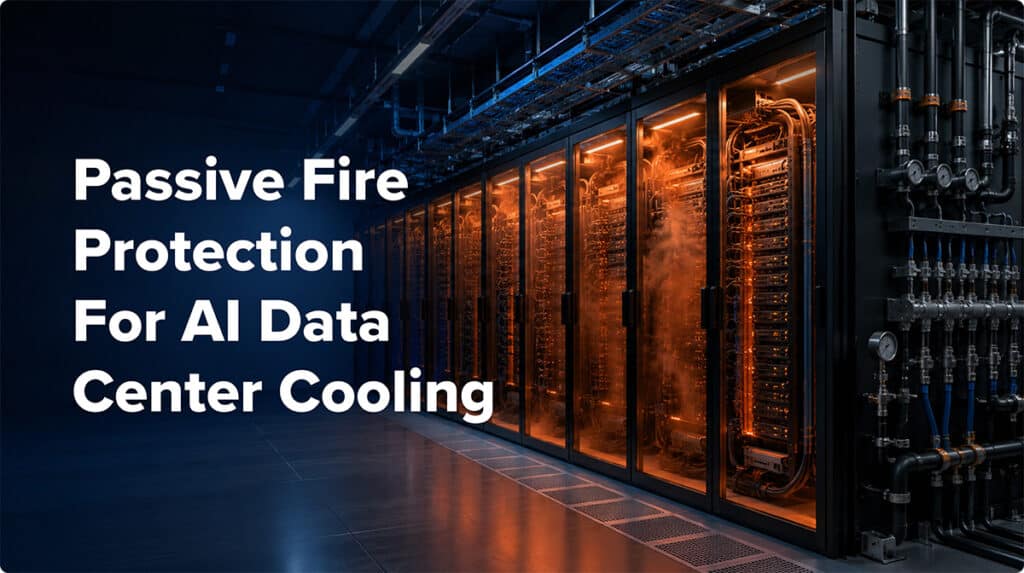AI data center hot aisle containment with enclosed server racks, orange heat glow, and contained haze to emphasize smoke and fire containment.