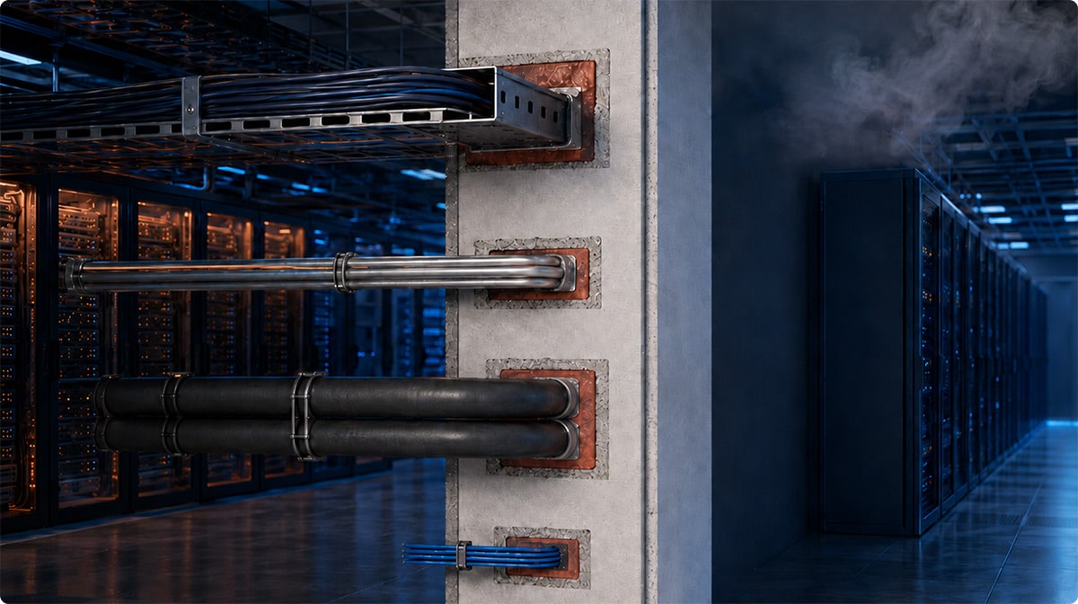 Compartmentation fire barrier in a data center with cable tray, conduit, cooling pipes, and control cables sealed at penetrations to preserve smoke and fire containment.