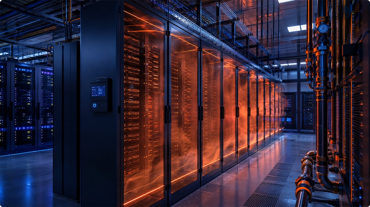 AI data center hot aisle containment with server racks, heat glow, and light contained haze showing the need for smoke and fire containment.