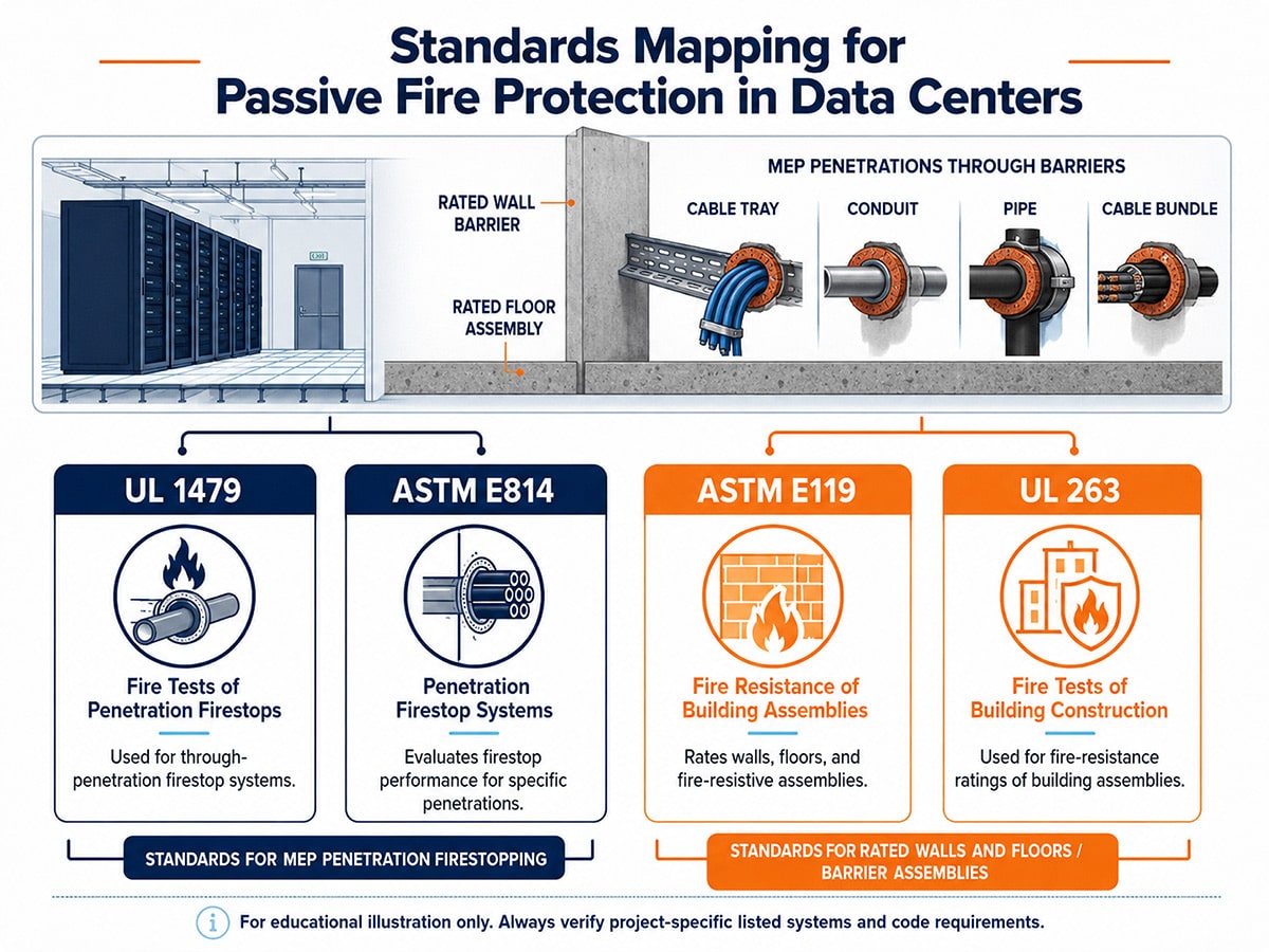 Infographic mapping UL 1479 and ASTM E814 to MEP penetration firestopping, and ASTM E119 and UL 263 to rated wall and floor barrier assemblies in data centers.