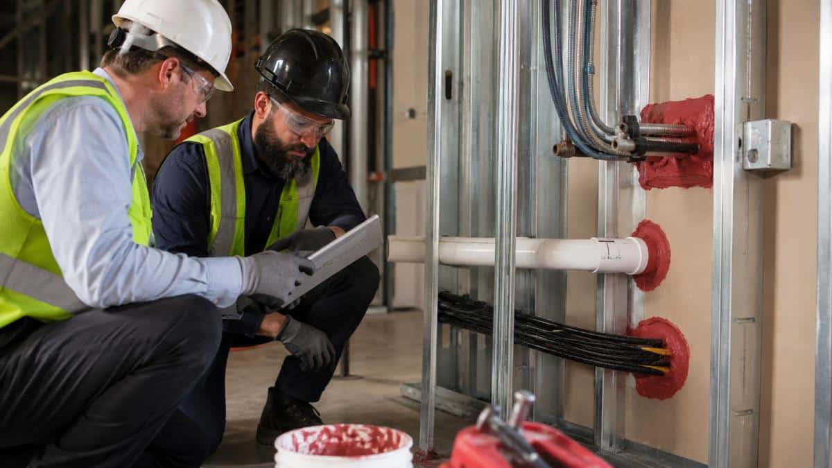 Two construction professionals reviewing firestop submittals beside sealed pipe and cable penetrations on a commercial jobsite.