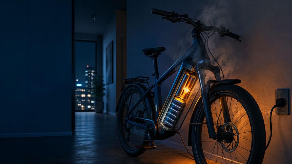 E-bike charging in an apartment hallway, with a cutaway battery showing one lithium-ion cell overheating.